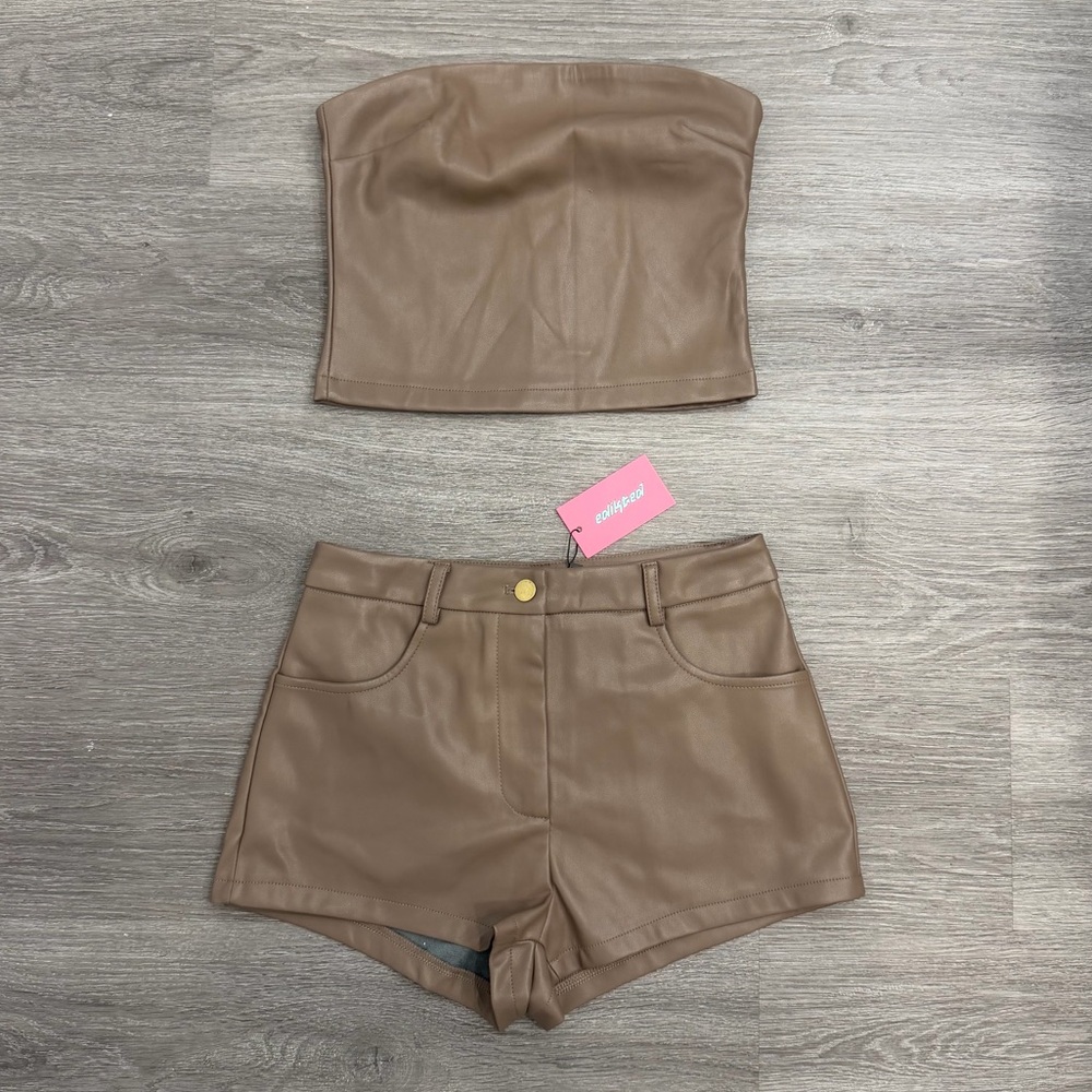 Edikted Chocolate Brown Faux Leather Strapless Top and Shorts Set